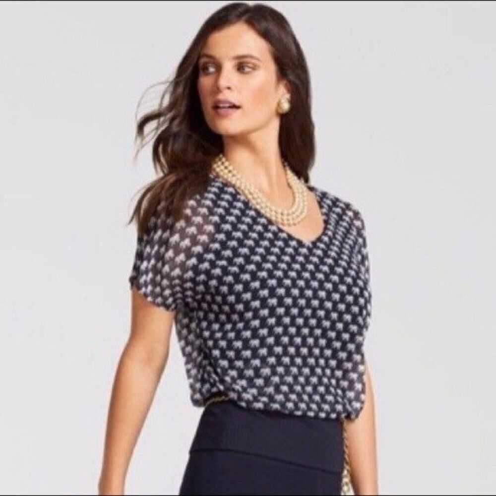 Darling Cabi# 5345 "Parade Blouse" Elephant Print Navy/White Overlay Top SZ S